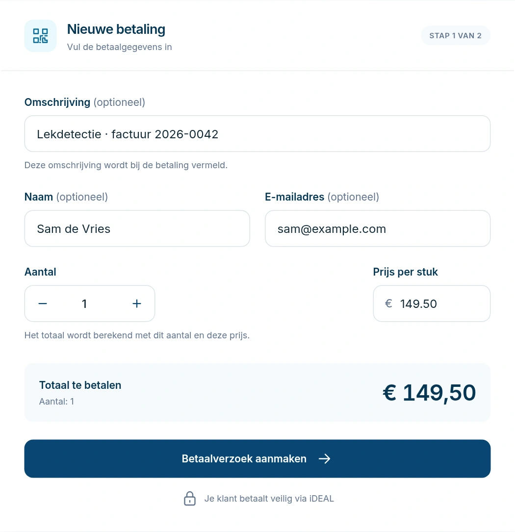 Betaalformulier met een omschrijving, voorbeeldklant, aantal en prijs. Het berekende totaal is 149,50 euro.