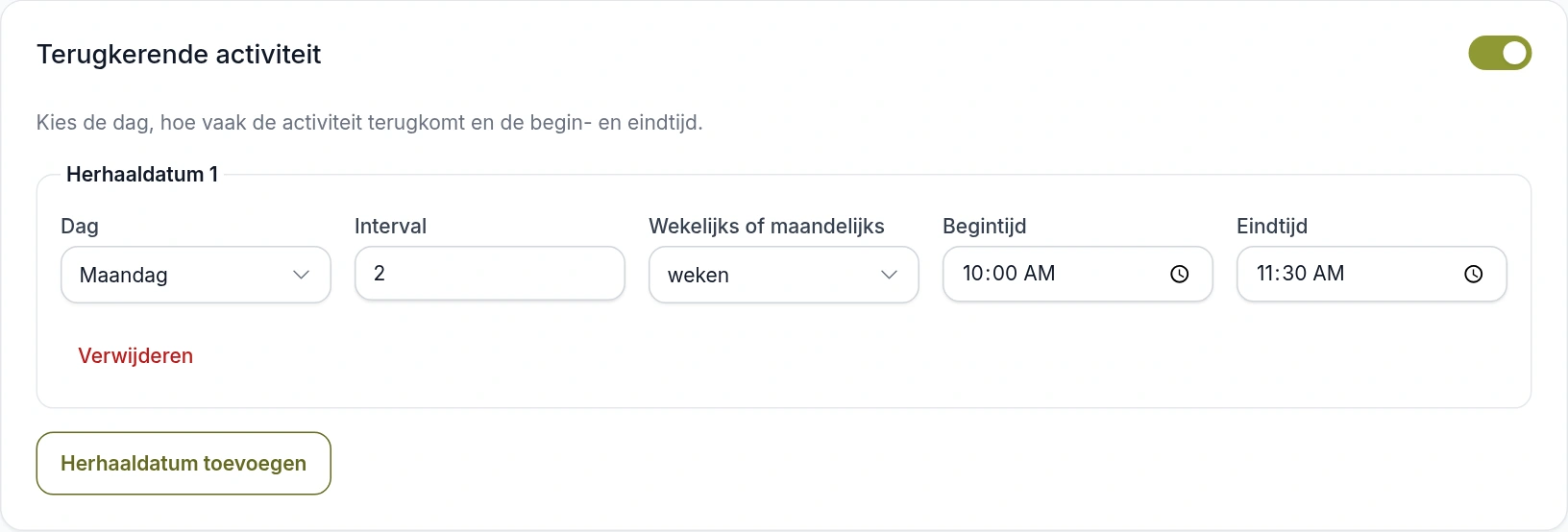 Het herhaalformulier bij Activiteit aanpassen, ingesteld op maandag om de twee weken van 10:00 tot 11:30, met de optie om extra herhaaldatums toe te voegen.